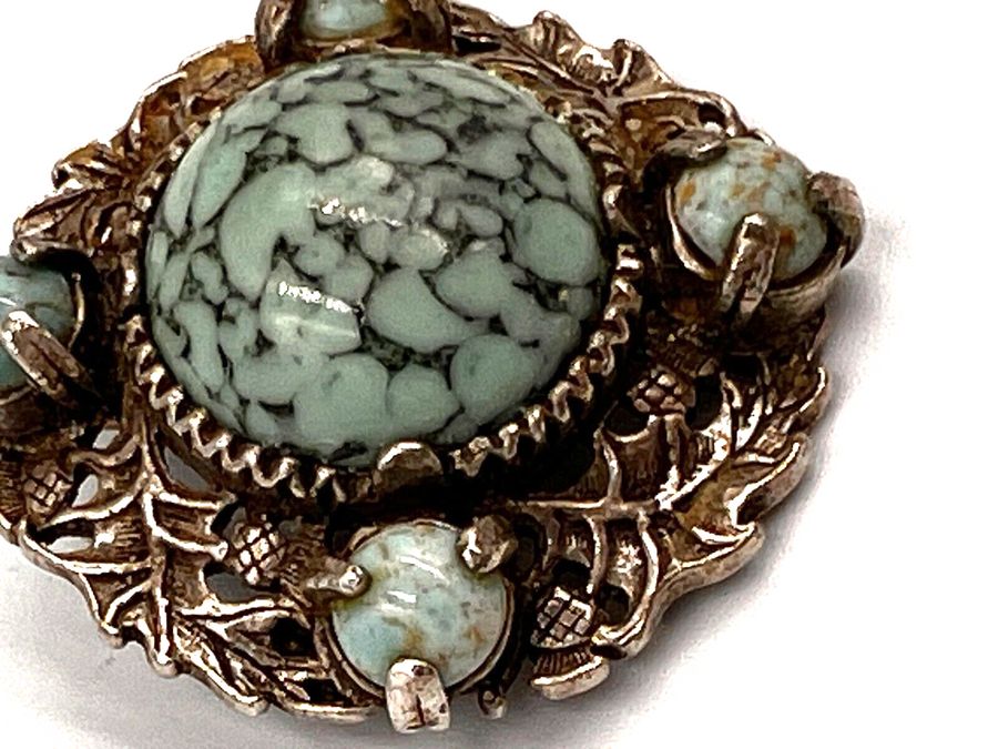 Antique Vintage  MIRACLE  Brooch Pin Czech Turquoise Cabochons And Silver Tone