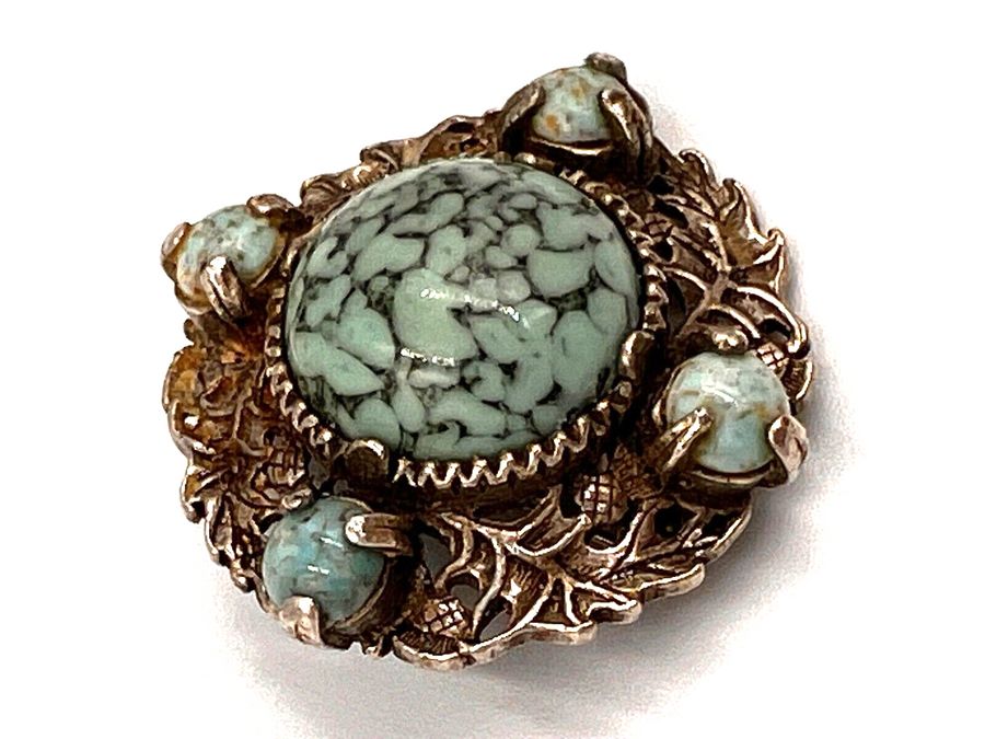 Antique Vintage  MIRACLE  Brooch Pin Czech Turquoise Cabochons And Silver Tone