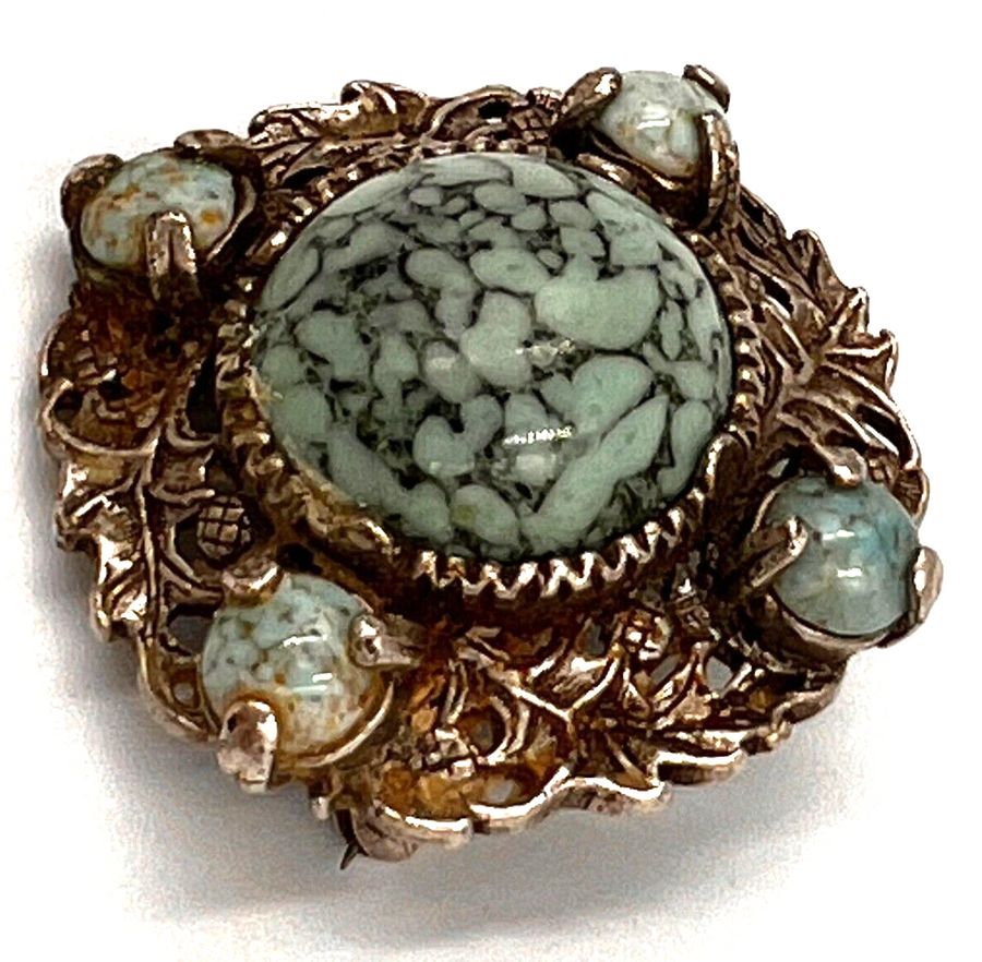 Antique Vintage  MIRACLE  Brooch Pin Czech Turquoise Cabochons And Silver Tone