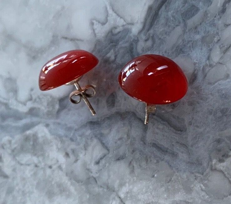 Antique Antique Art Deco Sterling Silver Cornelian Cabochon Earrings Pierced Ears Studs