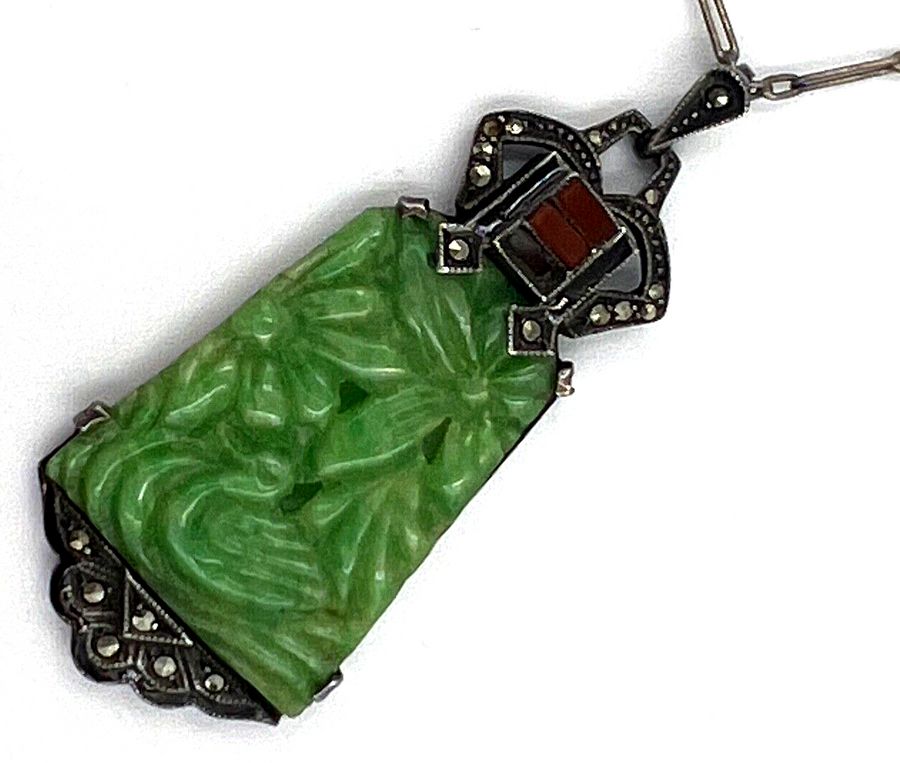 Antique Antique Art Deco Silver 935 Pendant & Chain Bakelite Jade Diamante Czech Red