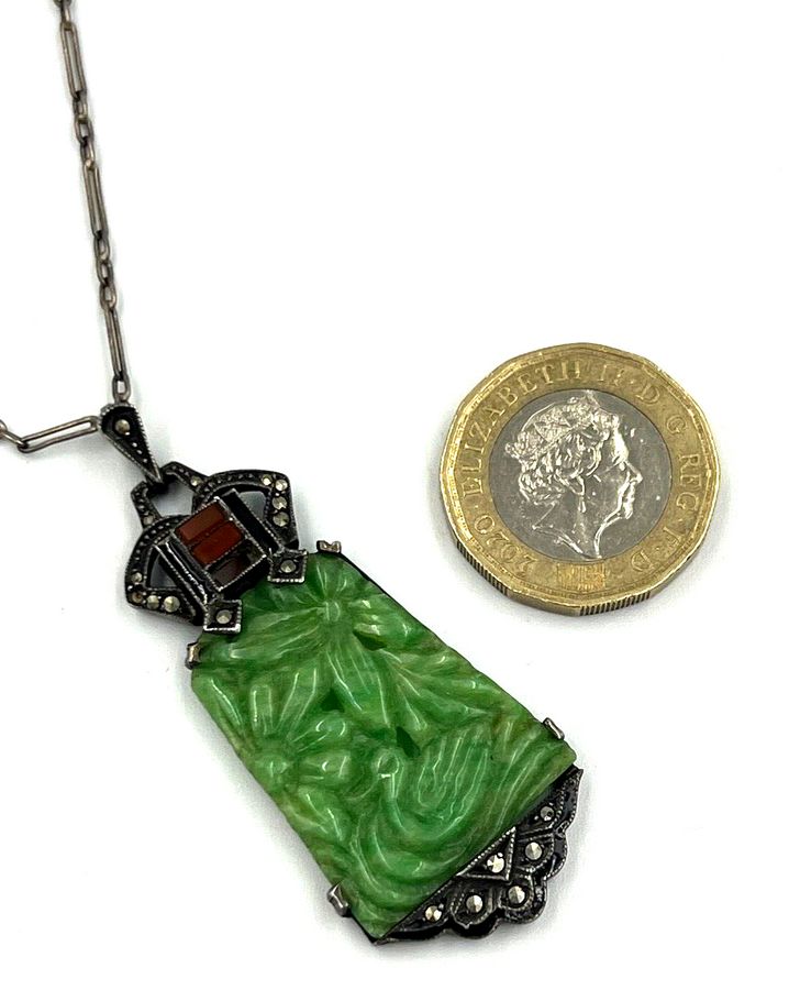 Antique Antique Art Deco Silver 935 Pendant & Chain Bakelite Jade Diamante Czech Red