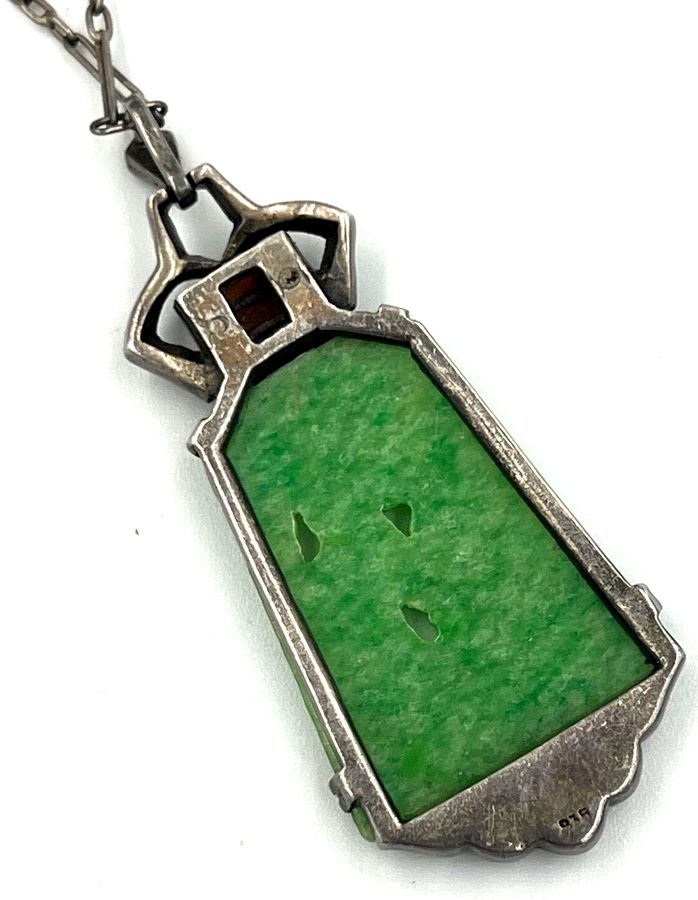 Antique Antique Art Deco Silver 935 Pendant & Chain Bakelite Jade Diamante Czech Red