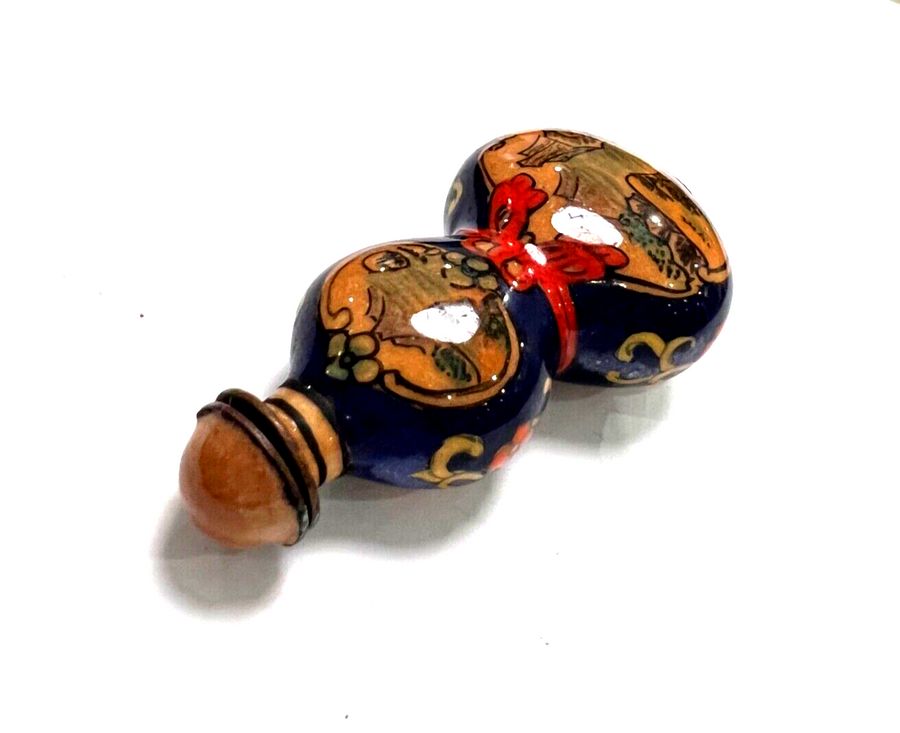 Antique Vintage  Chinese Porcelain Snuff Perfume Bottle Hand Painted Metal base Gourd