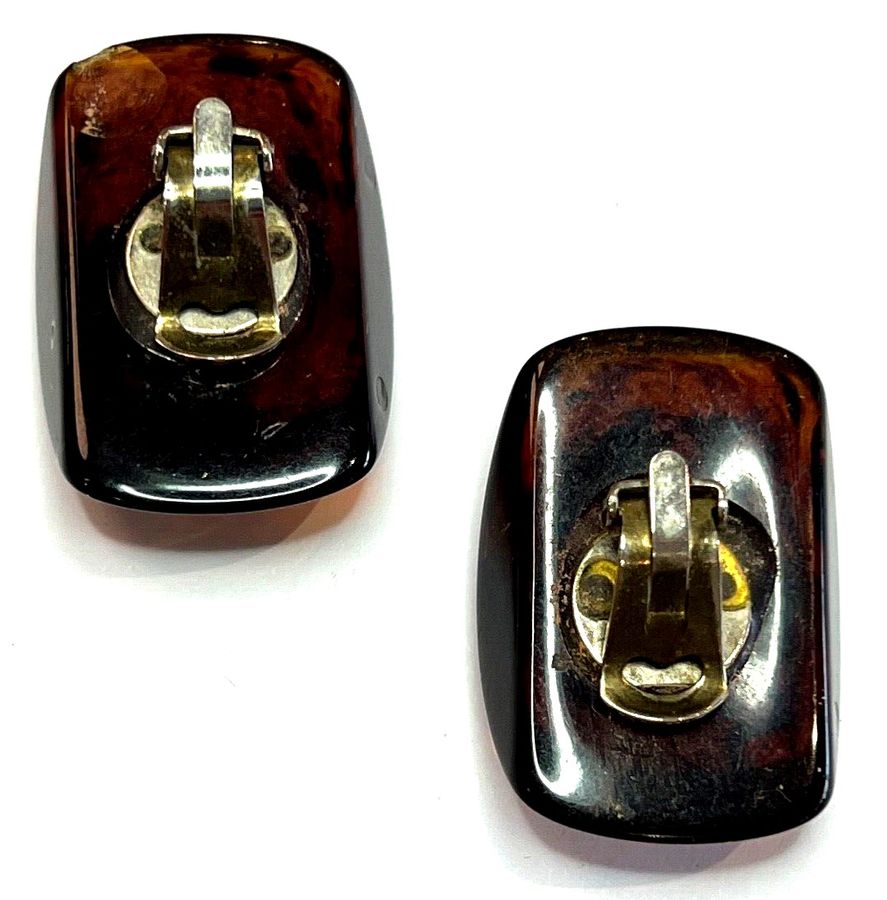 Antique Antique Art Deco Bakelite Earrings Large Clip On Tortoiseshell