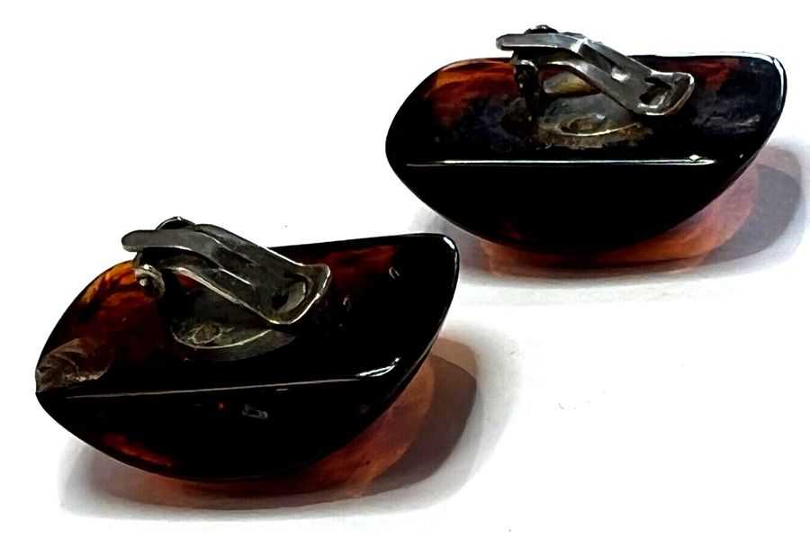 Antique Antique Art Deco Bakelite Earrings Large Clip On Tortoiseshell