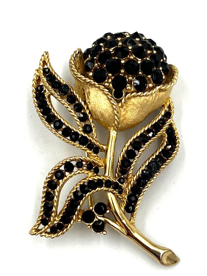 Antique Vintage Large Crown TRIFARI Brooch French Jet Gold Tone Tulip