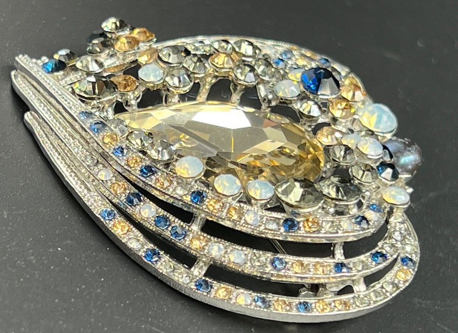 Antique Large Jewel Encrusted Brooch Pendant Vintage Mid Century Set with Large Stone