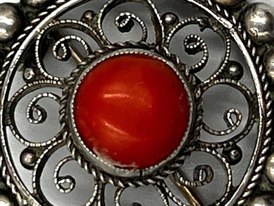 Antique Antique Victorian 800 Silver & Coral Cabochon Hand Made Filigree Brooch