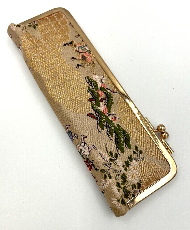 Antique Vintage Chinese Satin Clutch Bag Purse with Brush Comb and Mirror Circa 1950s