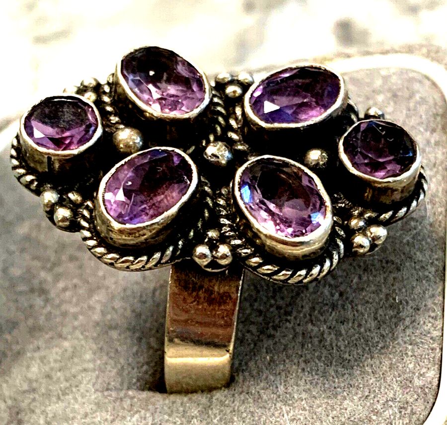 Antique Vintage Sterling Silver Art Deco Large Ring Set With Natural Amethysts Size T