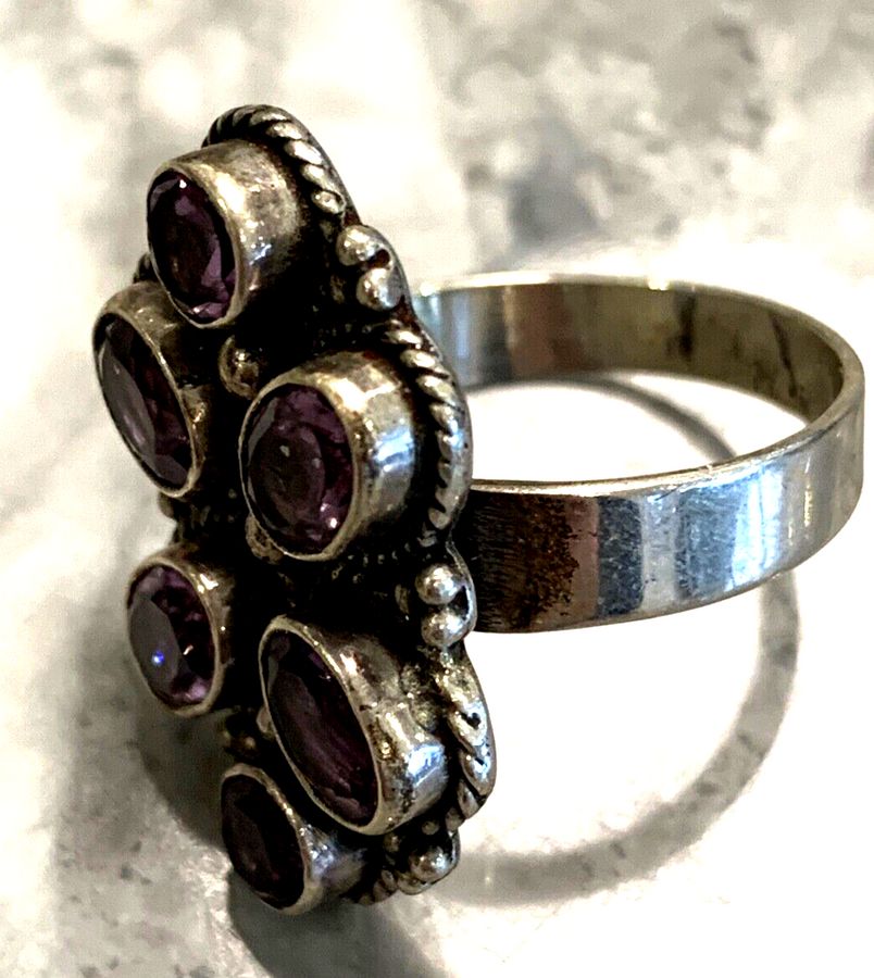 Antique Vintage Sterling Silver Art Deco Large Ring Set With Natural Amethysts Size T