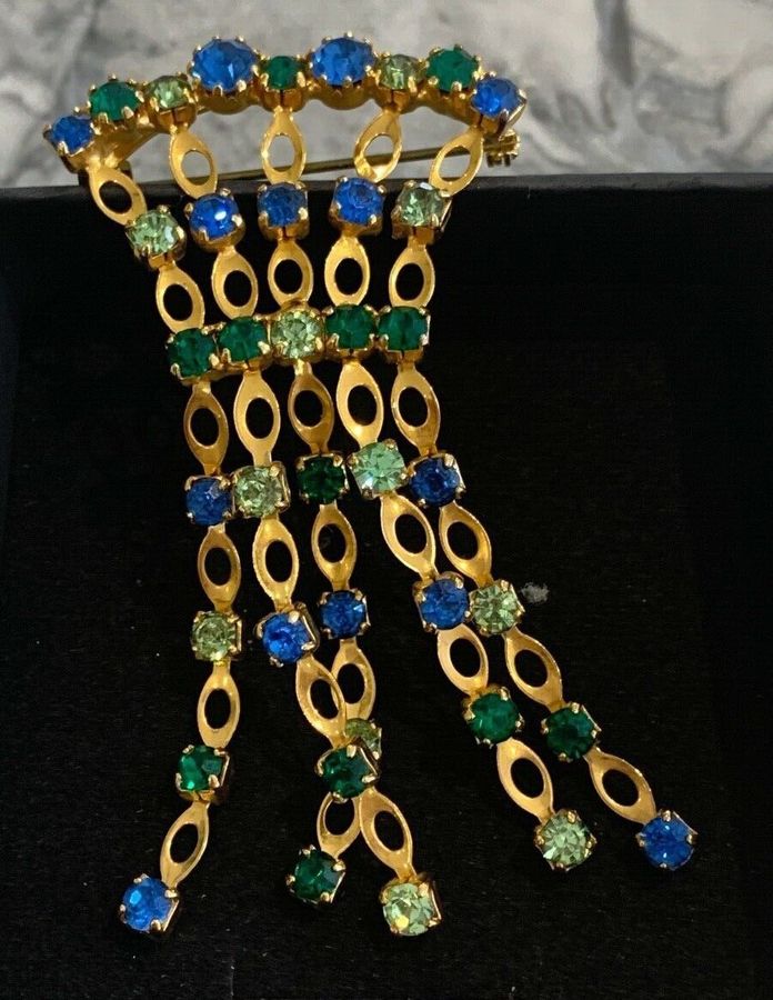 Antique Vintage Large Brooch Articulated  with blue and green foil back Czech stones