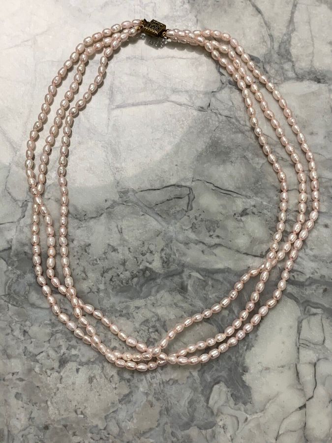 Antique Vintage Art Deco Natural Seed Rice Pearl Necklace Choker Pink 3 Row Lovely Clasp