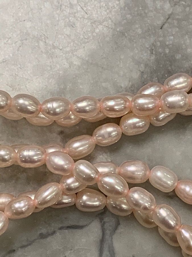 Antique Vintage Art Deco Natural Seed Rice Pearl Necklace Choker Pink 3 Row Lovely Clasp