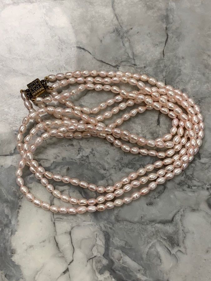 Antique Vintage Art Deco Natural Seed Rice Pearl Necklace Choker Pink 3 Row Lovely Clasp