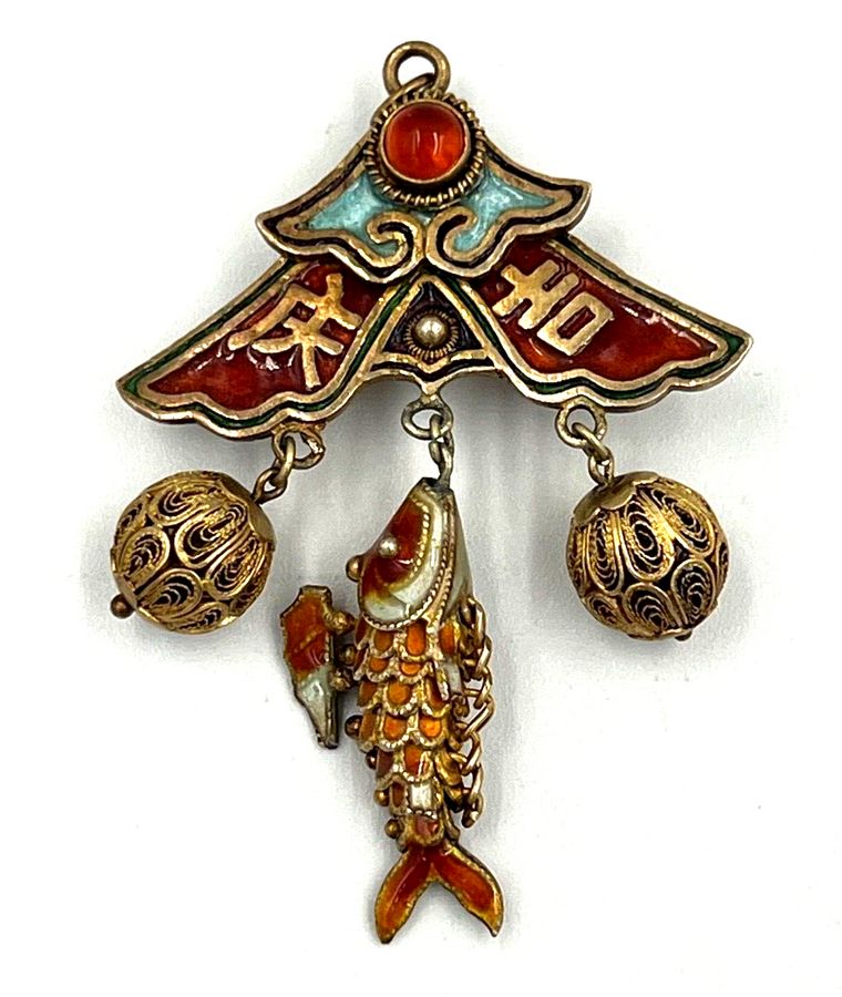 Antique Antique Chinese Silver Gilt Enamelled Cloisonné Pendant Brooch Articulated Fish