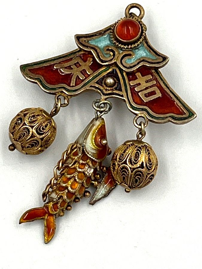 Antique Antique Chinese Silver Gilt Enamelled Cloisonné Pendant Brooch Articulated Fish