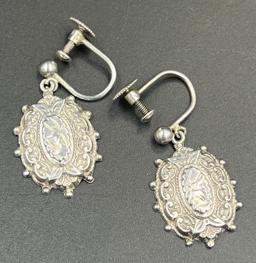 Antique Antique Silver Victorian Etruscan Earrings Screw Back Circa 1880-1881 Hallmarked