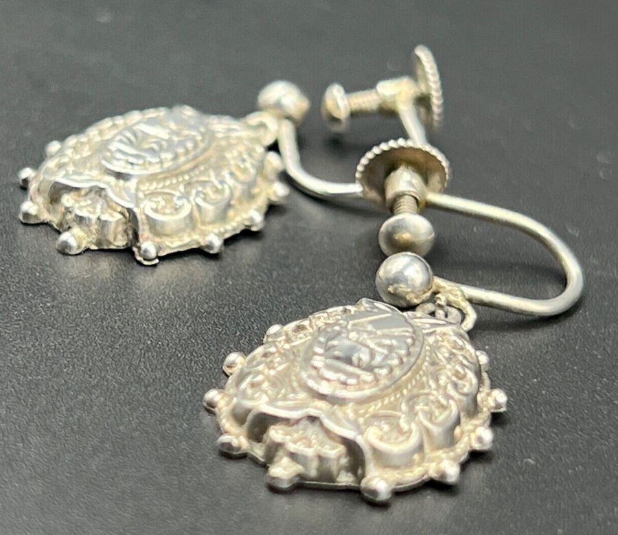 Antique Antique Silver Victorian Etruscan Earrings Screw Back Circa 1880-1881 Hallmarked