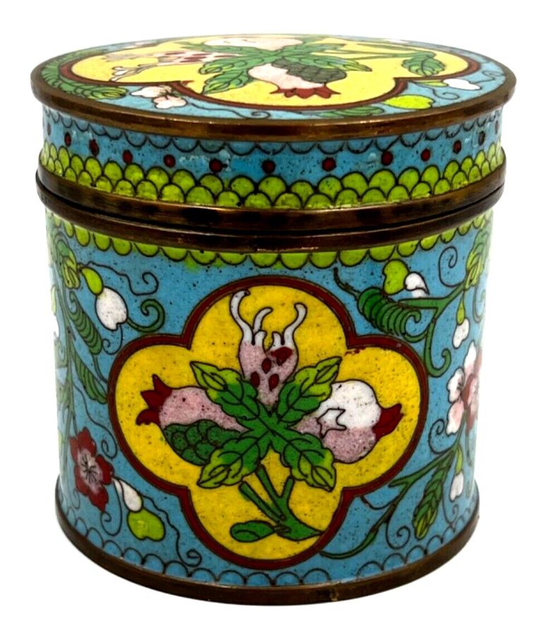 Antique Vintage Chinese Cloisonné Enamelled Cylindrical Box & Cover Tobacco / Tea Jar