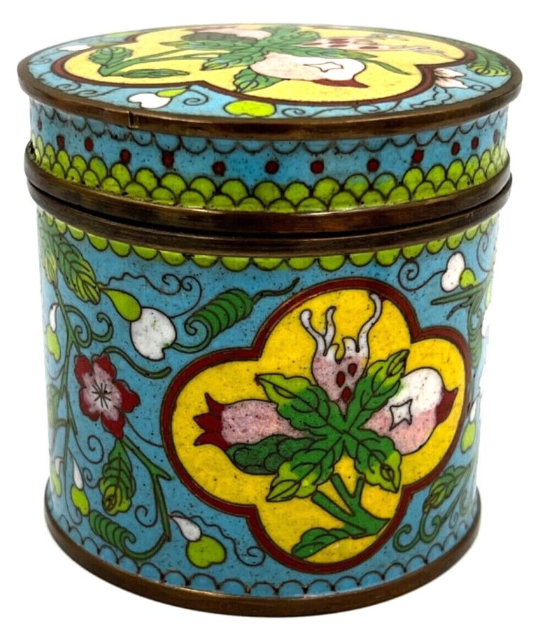 Antique Vintage Chinese Cloisonné Enamelled Cylindrical Box & Cover Tobacco / Tea Jar