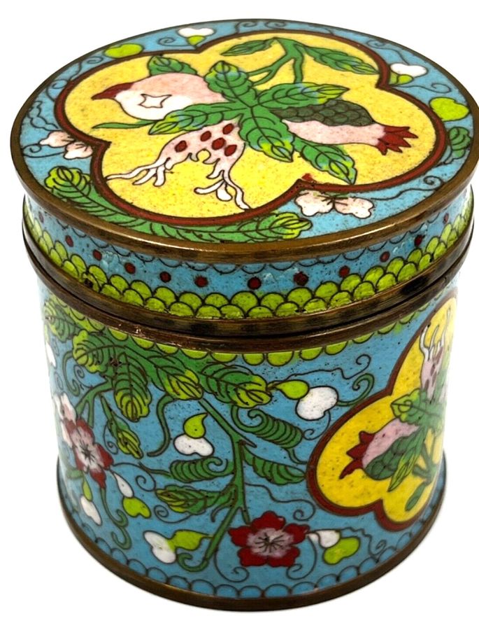 Antique Vintage Chinese Cloisonné Enamelled Cylindrical Box & Cover Tobacco / Tea Jar