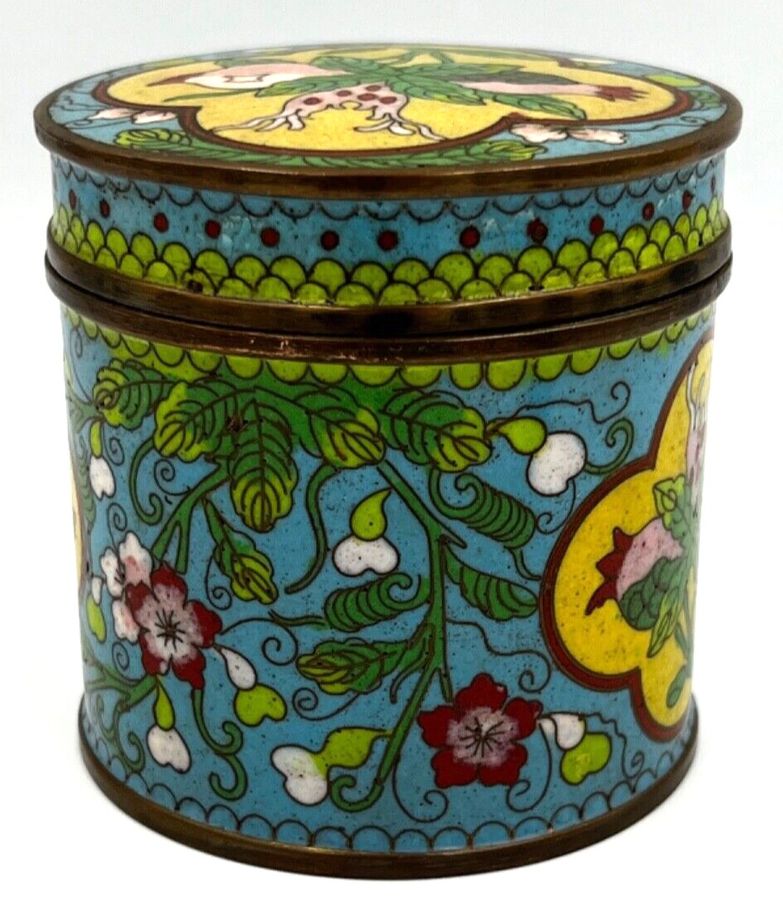 Antique Vintage Chinese Cloisonné Enamelled Cylindrical Box & Cover Tobacco / Tea Jar