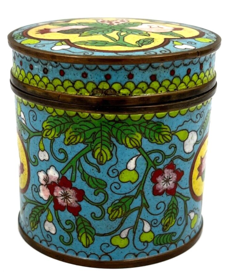 Antique Vintage Chinese Cloisonné Enamelled Cylindrical Box & Cover Tobacco / Tea Jar