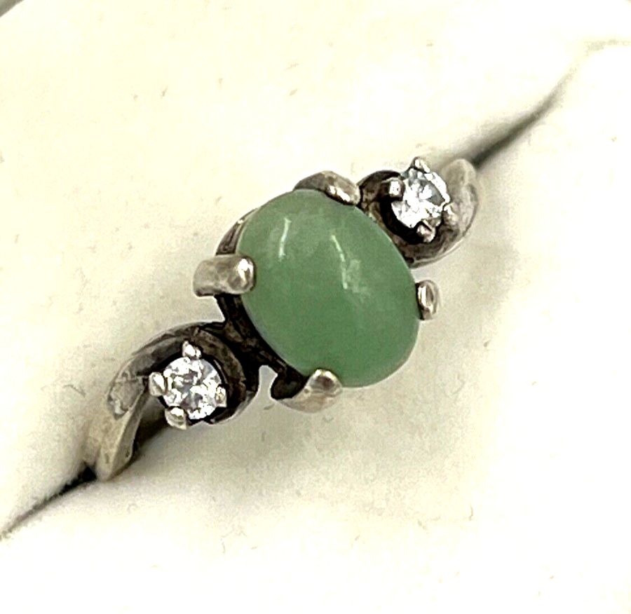 Antique Vintage Jade Cabochon Sterling Silver Ring Flanked by 2 Clear Stones Size M