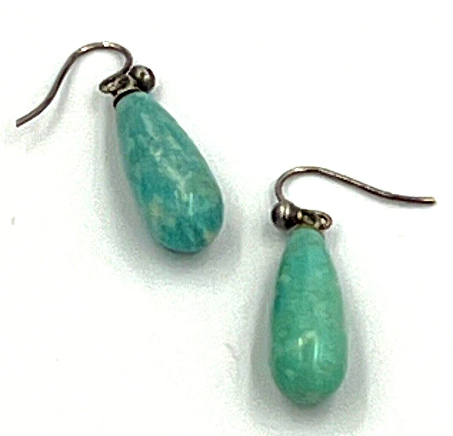 Antique Antique Amazonite Drop Silver Earrings Pierced Ears Circa 1920s