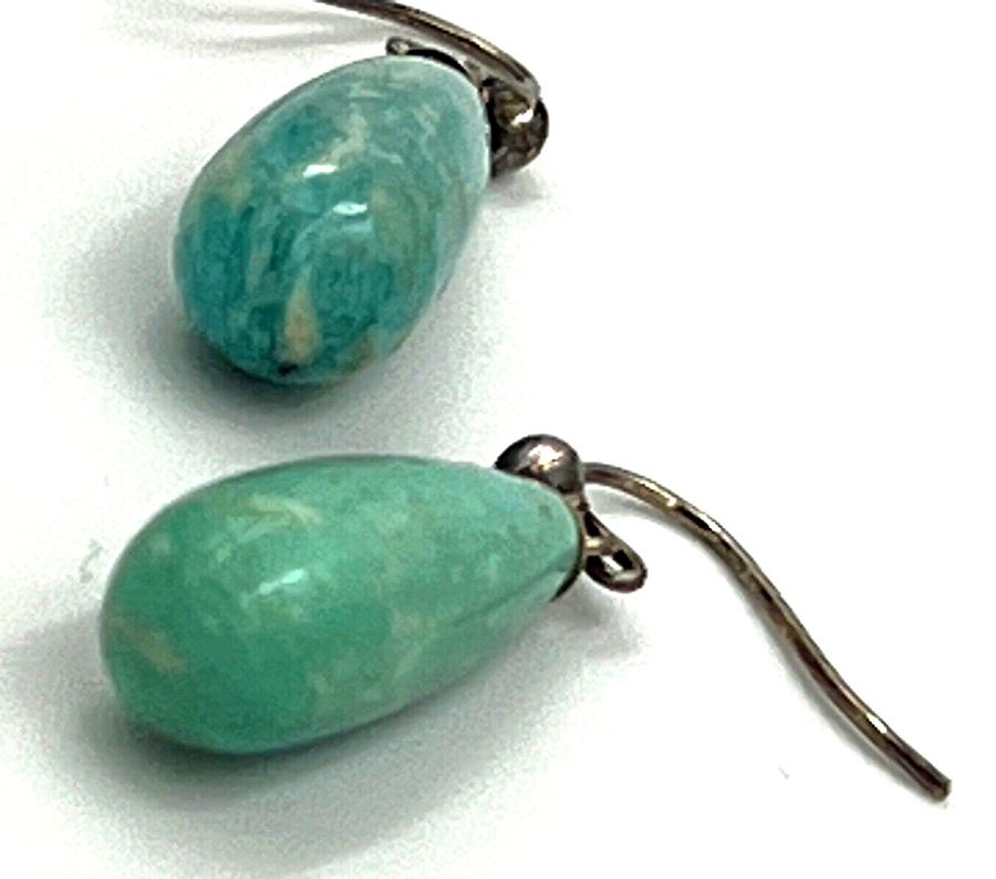 Antique Antique Amazonite Drop Silver Earrings Pierced Ears Circa 1920s