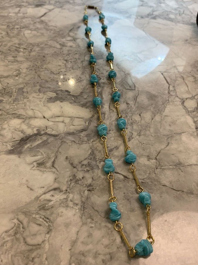 Antique Vintage Art Deco Long Glass Turquoise Necklace 1920s 1930s