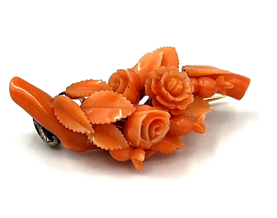 Antique Italian Carved Coral Brooch High Carat  Gold Circa 1850 Floral Carved