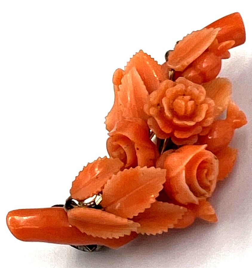 Antique Italian Carved Coral Brooch High Carat  Gold Circa 1850 Floral Carved