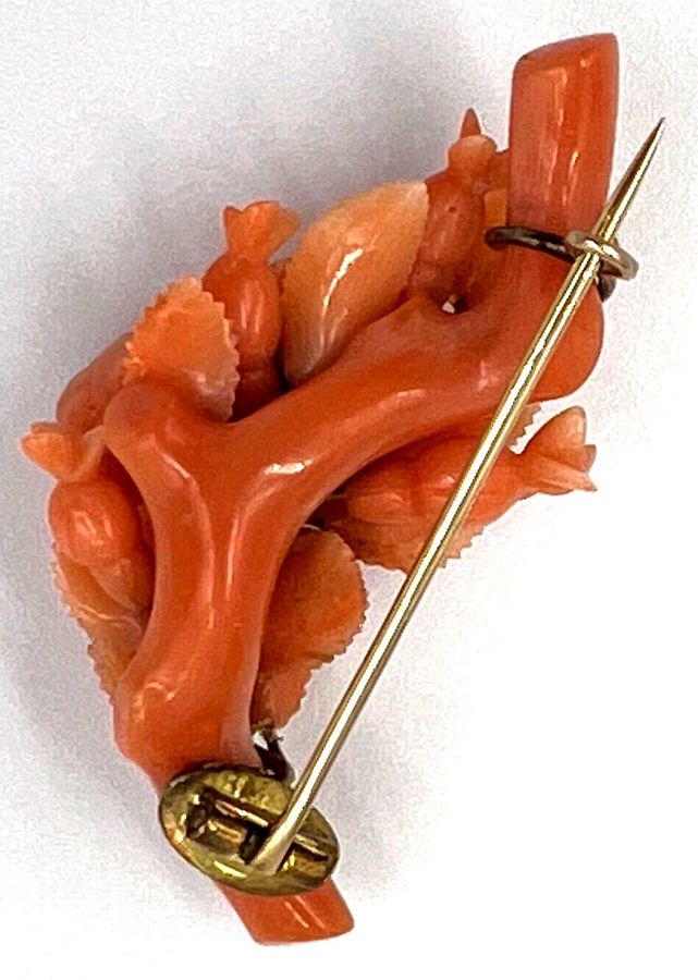 Antique Italian Carved Coral Brooch High Carat  Gold Circa 1850 Floral Carved