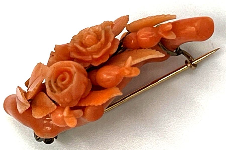 Antique Italian Carved Coral Brooch High Carat  Gold Circa 1850 Floral Carved