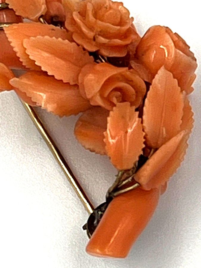 Antique Italian Carved Coral Brooch High Carat  Gold Circa 1850 Floral Carved