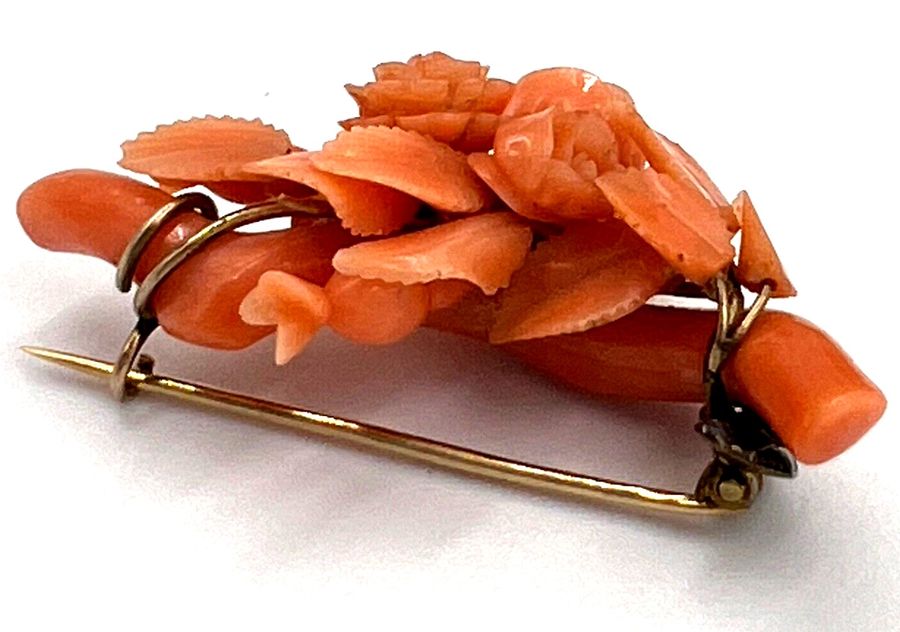 Antique Italian Carved Coral Brooch High Carat  Gold Circa 1850 Floral Carved