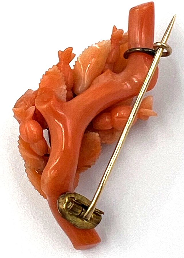 Antique Italian Carved Coral Brooch High Carat  Gold Circa 1850 Floral Carved