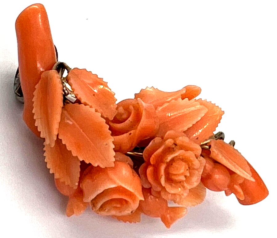 Antique Italian Carved Coral Brooch High Carat  Gold Circa 1850 Floral Carved