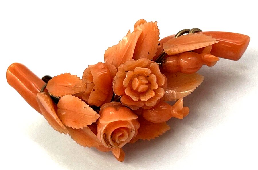 Antique Italian Carved Coral Brooch High Carat  Gold Circa 1850 Floral Carved