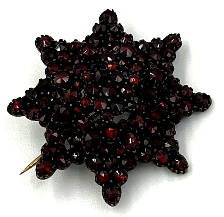 Antique Antique Victorian Garnet Star Brooch Bohemian 3 Tier Rose Cut Garnets