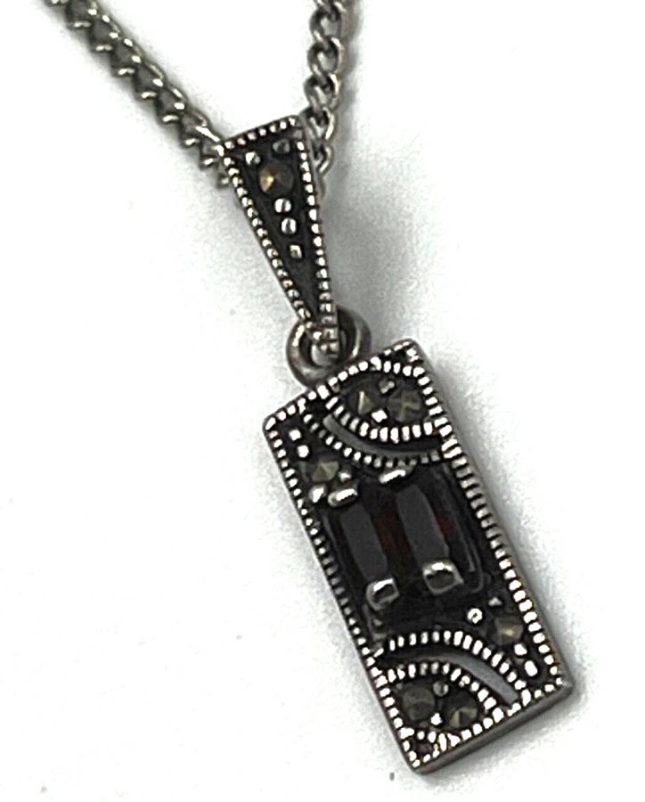 Antique Antique Art Deco Sterling Silver Necklace Pendant Set with 2 Garnets & Marcasite