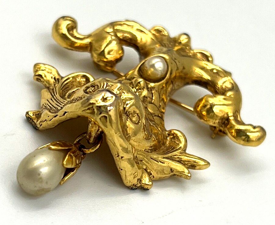 Antique Vintage Brooch Baroque Dolphin set with Pearls