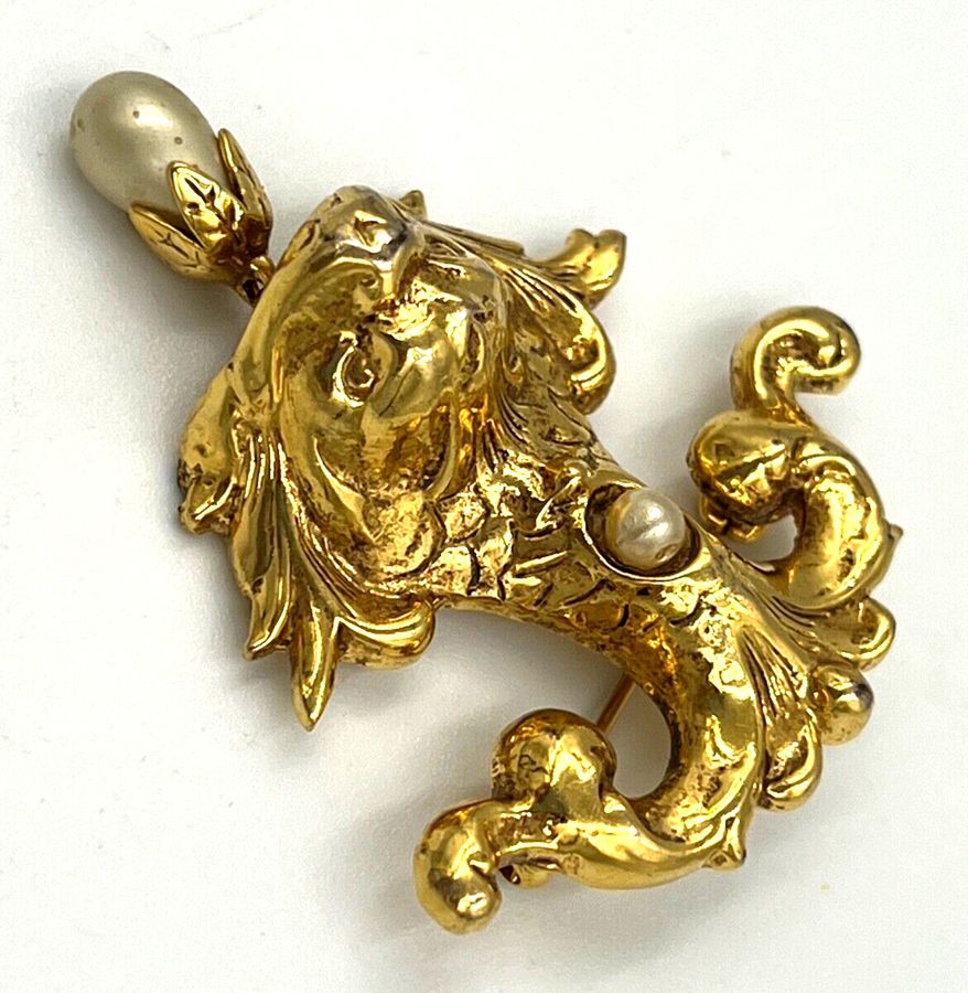 Antique Vintage Brooch Baroque Dolphin set with Pearls