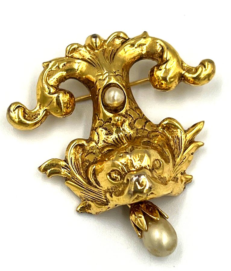 Antique Vintage Brooch Baroque Dolphin set with Pearls