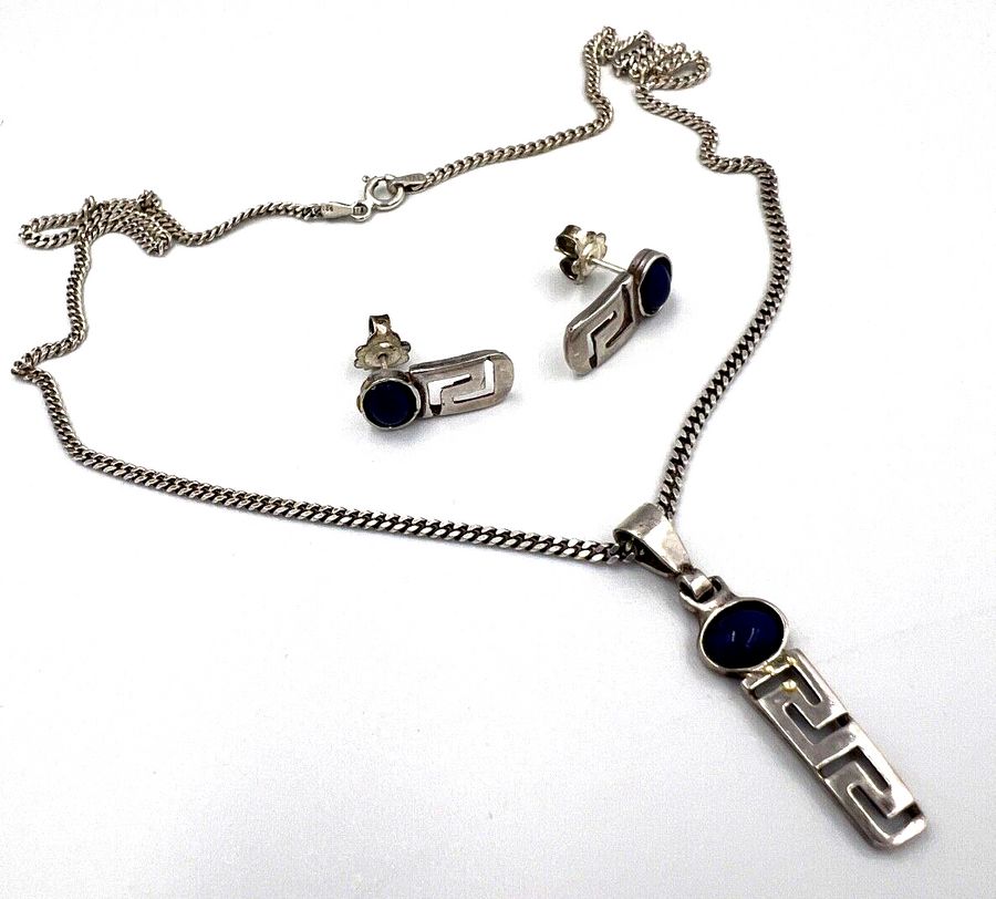 Antique Vintage Heavy Solid Silver Necklace & Earring Set Lapis Lazuli Boxed Hallmarked