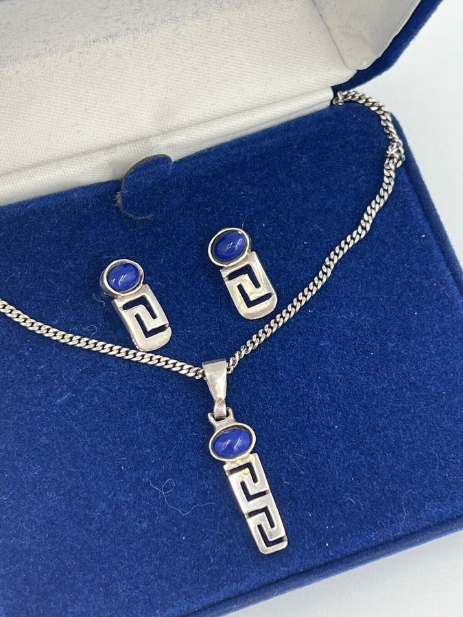 Antique Vintage Heavy Solid Silver Necklace & Earring Set Lapis Lazuli Boxed Hallmarked