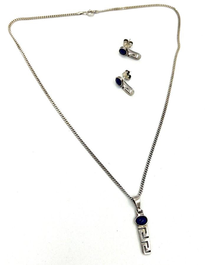 Antique Vintage Heavy Solid Silver Necklace & Earring Set Lapis Lazuli Boxed Hallmarked